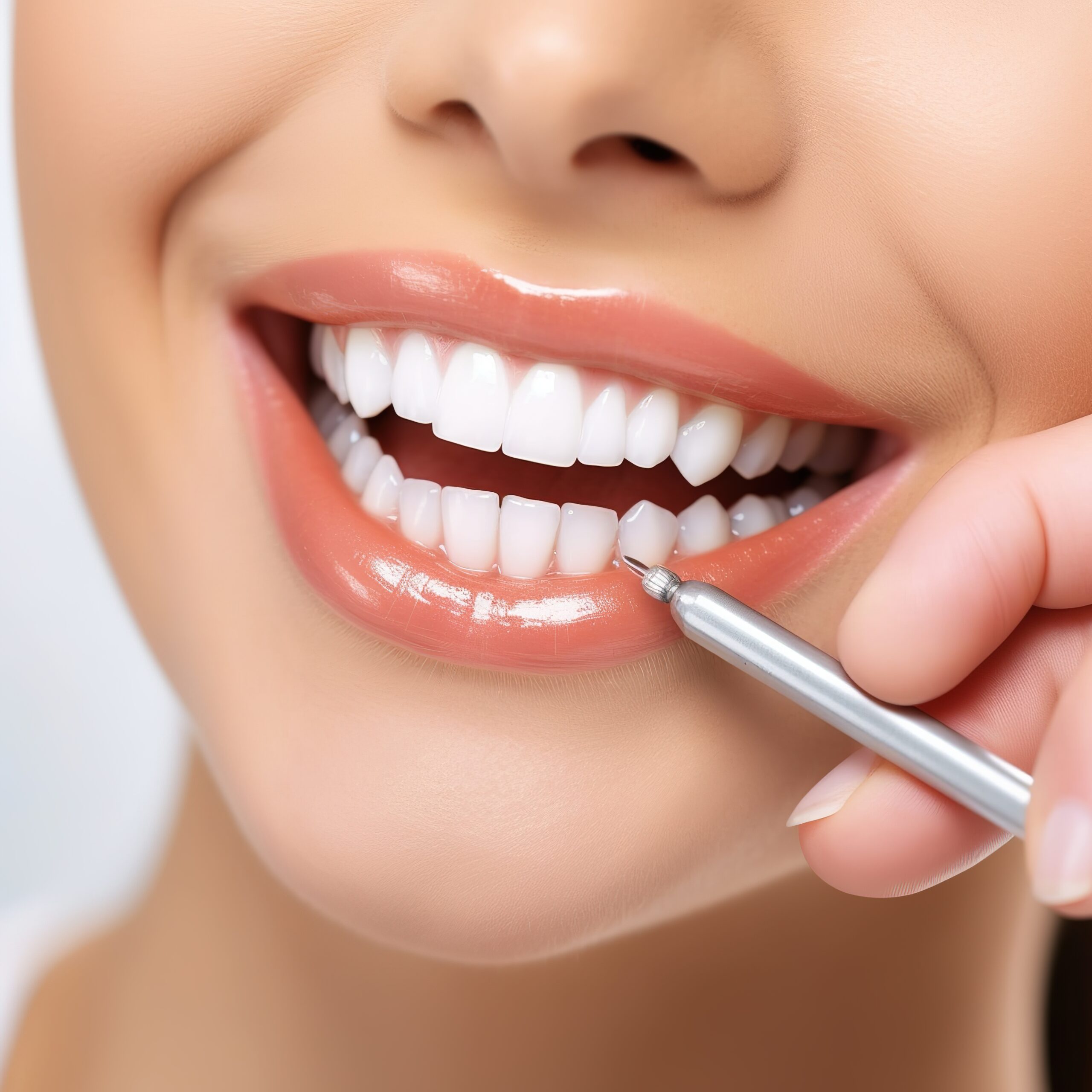 Sorriso branco sendo submetido a clareamento dental com instrumento odontológico, como realizado na Sorridents Porto Alegre.