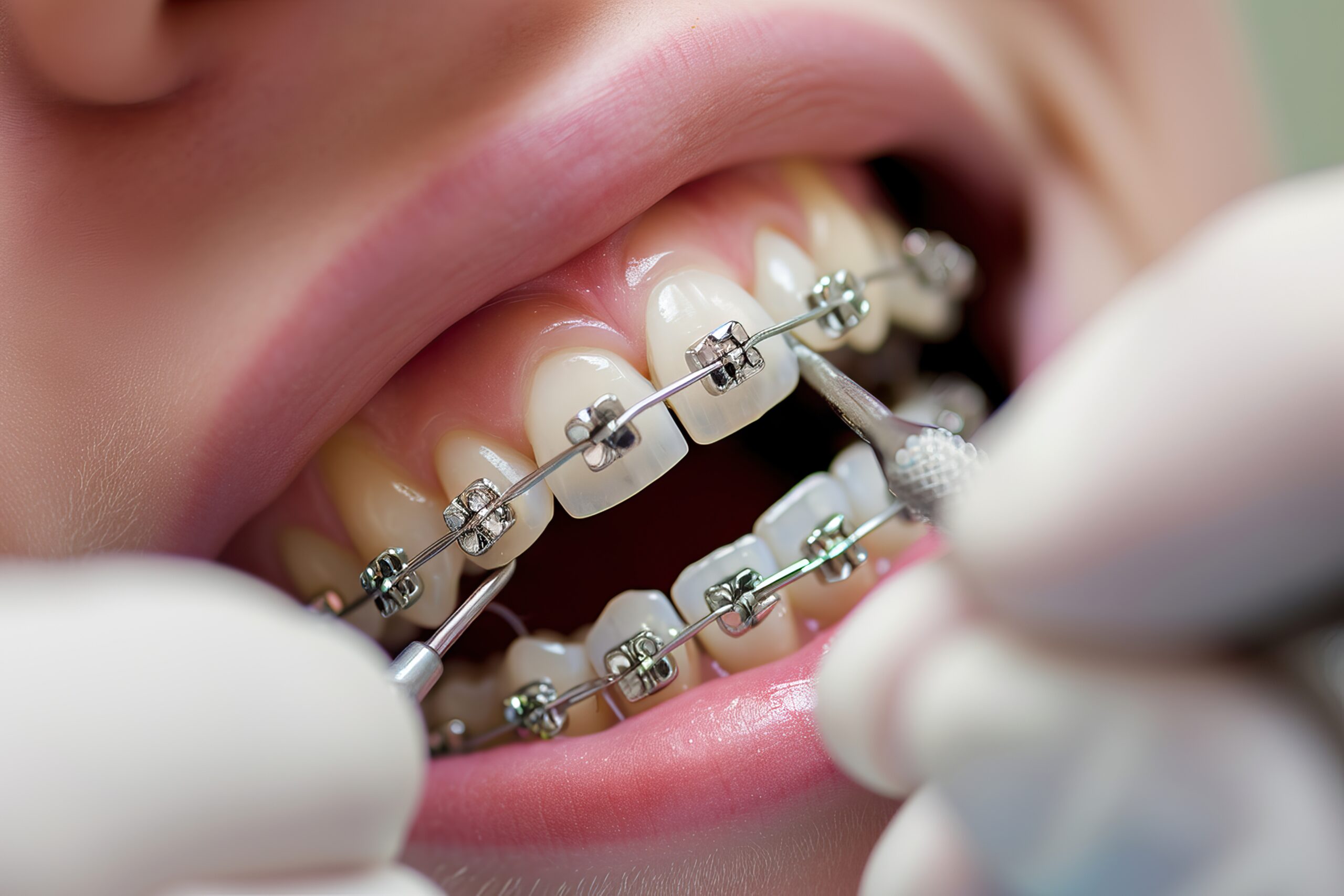 Paciente com aparelho ortodôntico metálico sendo atendido por dentista durante ajuste, como nos tratamentos realizados na Sorridents Porto Alegre.