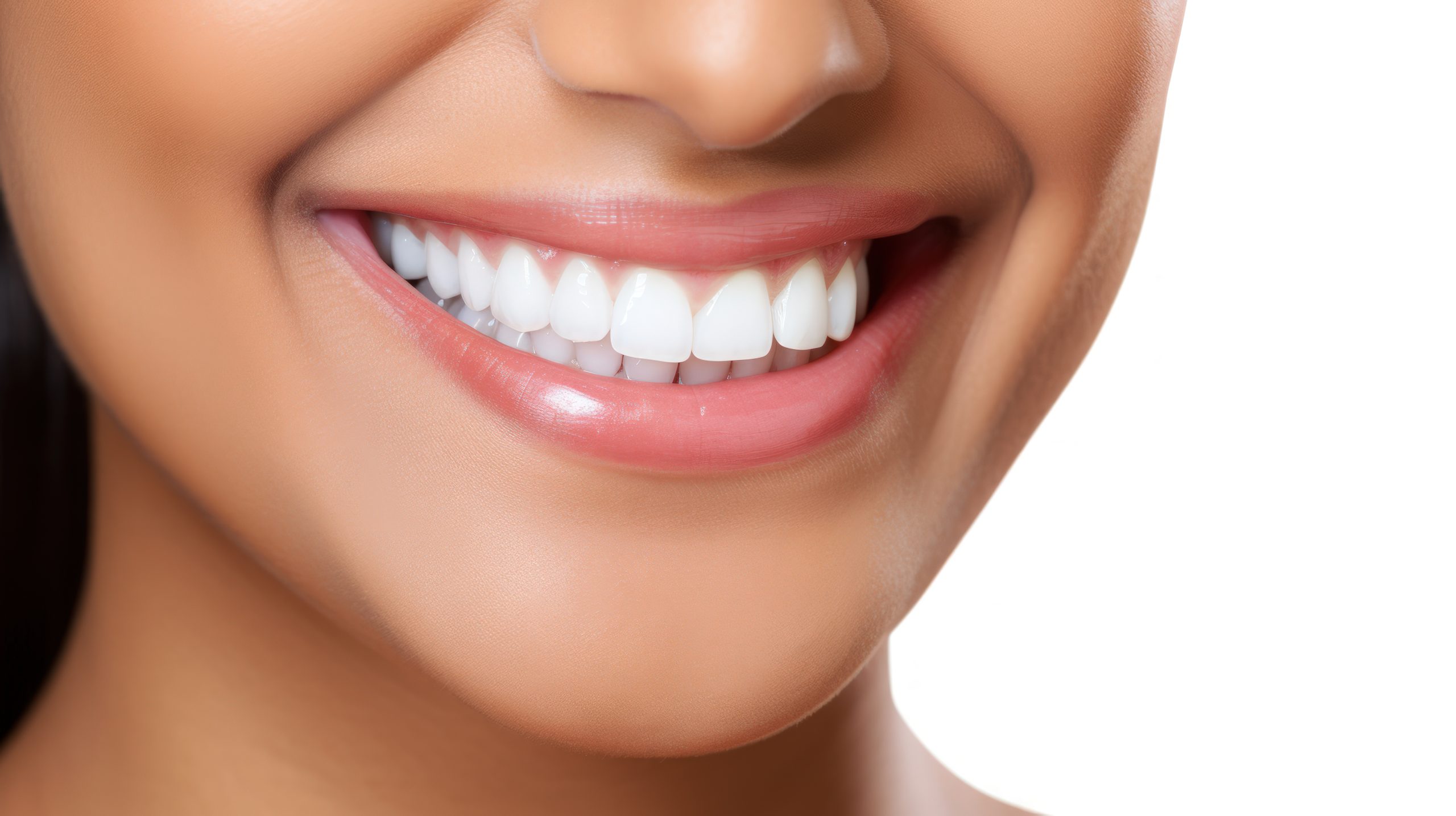 Close de um sorriso com dentes brancos após clareamento dental.