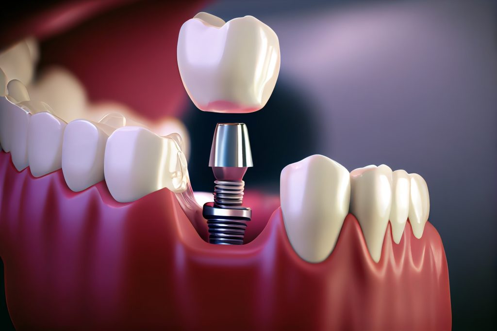 Ilustração de um implante dentário sendo instalado na gengiva, destacando o pino de titânio e a coroa, como realizado na clínica Sorridents Porto Alegre.