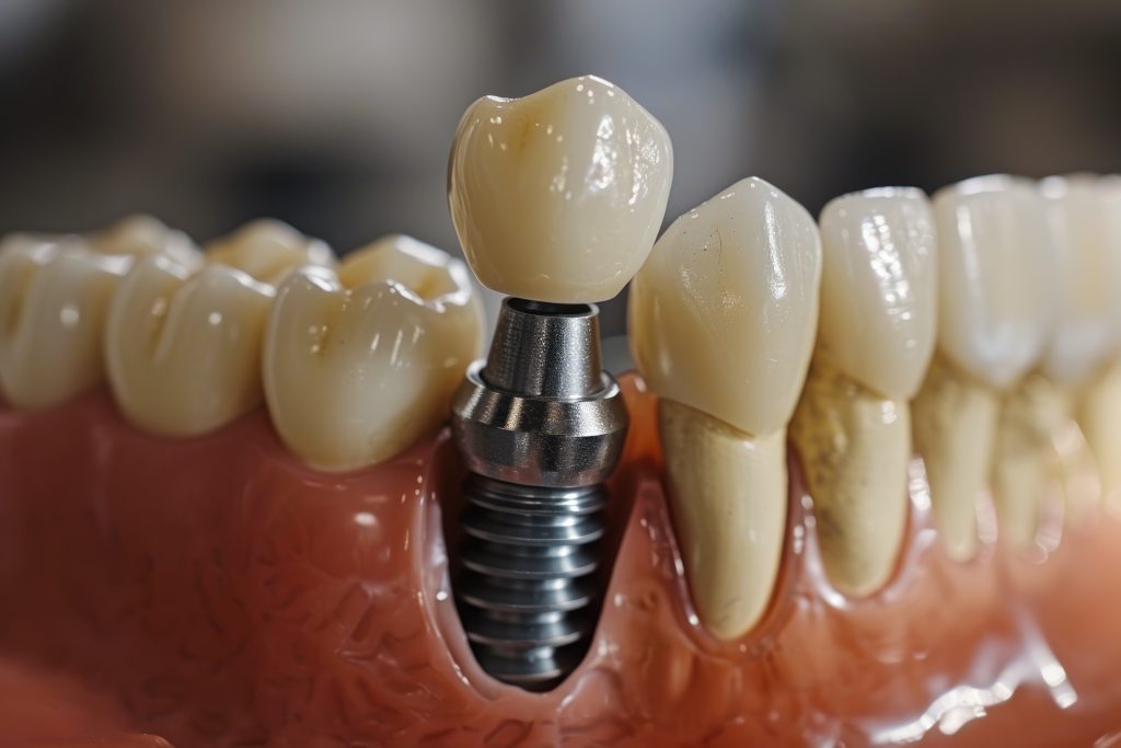 Modelo odontológico ilustrando o encaixe de um implante dentário com pino metálico, abutment e coroa, semelhante aos procedimentos realizados na Sorridents Porto Alegre.