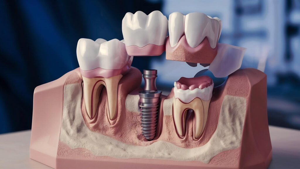 Modelo de implante dentário com pino e coroa entre dentes naturais