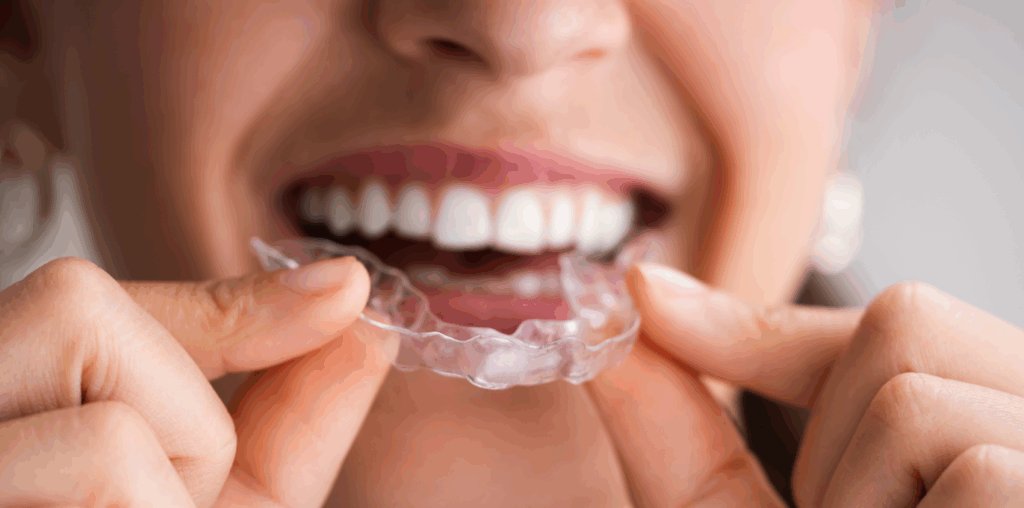 Placa de bruxismo para proteção noturna Mulher sorrindo enquanto posiciona uma placa de bruxismo nos dentes